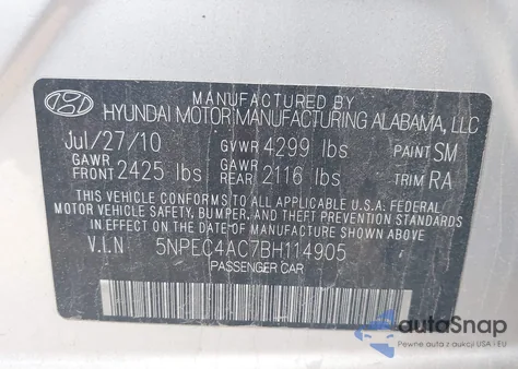 2011 Hyundai Sonata Se z USA, uszkodzony, nr VIN 5NPEC4AC7BH114905